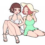  2girls bikini bikini_skirt blush breasts brown_hair cleavage closed_eyes do_m_kaeru hand_on_headwear hat large_breasts medium_breasts multiple_girls niijima_makoto okumura_haru one-piece_swimsuit open_mouth persona persona_5 polka_dot polka_dot_one-piece_swimsuit red_eyes short_hair simple_background sitting swimsuit white_background white_bikini white_footwear white_headwear 