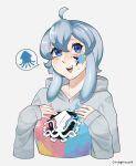  ahoge blue_eyes chumu_(teuthidan) commission commissioner_upload condylonucla grey_hair highres hood hoodie looking_at_viewer original paint_splatter paint_splatter_on_face signature smile speech_bubble squid tentacle_hair 