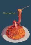 1girl blue_background erandhl food fork hair_as_food minigirl napolitan nude original pasta plate simple_background solo spaghetti 