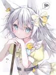  1girl absurdres animal_ear_piercing animal_ears aqua_eyes bow cross-shaped_pupils flying_sweatdrops food frills fruit grey_hair hair_bow hair_ornament highres lemon lemon_slice original puffy_short_sleeves puffy_sleeves rabbit_ears short_sleeves sweat symbol-shaped_pupils yellow_bow yuki_no_42 