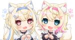  2girls :d animal_collar animal_ears ashikawa_shiho bandaid_hair_ornament black_collar black_jacket blonde_hair blue_eyes blue_hair blue_hairband blue_nails blush chestnut_mouth chibi collar commentary crossed_bangs dog_ears dog_girl dog_tail double-parted_bangs fake_horns fang fur-trimmed_jacket fur_trim fuwawa_abyssgard hair_between_eyes hair_intakes hair_ornament hairband hairclip headphones headphones_around_neck hololive hololive_english horns jacket long_hair long_sleeves looking_at_viewer mococo_abyssgard multicolored_hair multiple_girls nail_polish open_mouth paw_pose paw_print paw_print_background pink_hair pink_hairband red_eyes short_hair siblings simple_background sisters skin_fang smile spiked_collar spikes streaked_hair tail twins two_side_up v-shaped_eyebrows virtual_youtuber white_background x_hair_ornament 