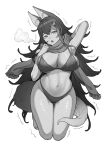  @_@ animal_ear_fluff animal_ears armpits arms_behind_back bikini breasts breath greyscale highres holding holding_clothes holding_scarf hololive huge_breasts inamimi_(sheep1733) kneeling long_hair monochrome navel ookami_mio open_mouth scarf swimsuit tail teeth thick_thighs thighs trembling upper_teeth_only wolf_girl wolf_tail 