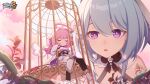  2girls :o annoyed birdcage black_thighhighs blue_hair cage chinese_commentary closed_eyes closed_mouth elf elf_elysia furrowed_brow griseo hair_between_eyes halo highres honkai_(series) honkai_impact_3rd logo looking_at_another medium_hair multiple_girls official_art official_wallpaper pink_hair plant pointy_ears purple_eyes sitting thighhighs white_thighhighs wings 