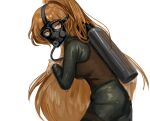  1girl black_bodysuit bodysuit brown_vest cowboy_shot diving_mask diving_suit fkrnnmr goggles high_ponytail highres ishmael_(limbus_company) limbus_company long_hair looking_at_viewer orange_eyes orange_hair oxygen_tank project_moon sidelocks simple_background solo very_long_hair vest wet wet_clothes white_background 