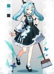  1girl :d alternate_costume aqua_ascot belt black_dress black_footwear blue_hair bobby_socks broom choker color_guide commentary_request dress enmaided faruzan_(genshin_impact) frilled_skirt frilled_sleeves frills full_body genshin_impact green_eyes hair_ornament hairclip highres holding holding_broom jewelry long_hair long_sleeves looking_at_viewer maid maid_headdress mary_janes open_mouth ring shoes single_sleeve skirt smile socks solo twintails utori_(tanakautori) white_sleeves white_socks wristband x_hair_ornament 