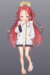  1girl blue_archive blue_eyes blush cigarette coat feet full_body grey_background halo hand_in_pocket highres holding holding_cigarette legs long_hair looking_at_viewer red_hair sandals simple_background slippers smoke smoking solo standing suitshark toenails toes very_long_hair white_coat yuzu_(blue_archive) 
