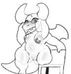  2023 anthro areola belly blush breasts chair dragon embarrassed eyewear eyewear_only female furniture genitals glasses glasses_only hand_on_glasses hi_res looking_at_viewer mature_female monochrome navel nipples nude open_mouth pussy short_stack simple_background solo thick_thighs tuanyllej2 wide_hips wings 