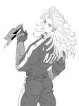  1girl ass commentary_request dorohedoro from_behind gloves greyscale highres jacket looking_back messy_hair monochrome noi_(dorohedoro) pants smile solo yonchi 