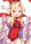  1girl artist_name ass_visible_through_thighs blonde_hair bow breasts commentary_request covered_navel demon_girl demon_wings detached_sleeves disgaea dress earrings fang flonne flonne_(fallen_angel) hair_bow heart heart_earrings highres jewelry leotard long_hair open_clothes open_dress puddinghomhom red_eyes red_leotard ribbon small_breasts smile solo thighs white_dress white_sleeves wings 