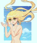  1girl blonde_hair border breasts cloud collarbone completely_nude day english_text floating_hair green_eyes hair_between_eyes hands_up highres long_hair looking_at_hands medium_breasts navel nude original outdoors smile solo sparkle teeth upper_teeth_only violucana white_border 