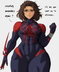  1girl animal_print black_eyes blue_bodysuit bodysuit breasts brown_hair claws commentary dark-skinned_female dark_skin english_commentary english_text genderswap genderswap_(mtf) highres large_breasts long_hair marvel miguel_o&#039;hara muscular muscular_female print_bodysuit red_bodysuit short_hair skin_tight solo spanish_text spider-man:_across_the_spider-verse spider-man_(2099) spider-man_(series) spider_print thick_thighs thighs toned two-tone_bodysuit white_background yoracrab 