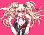  1girl bear_hair_ornament black_bra blonde_hair blue_eyes bow bra breasts cat_earthen_pot cleavage closed_mouth collarbone danganronpa:_trigger_happy_havoc danganronpa_(series) enoshima_junko hair_between_eyes hair_ornament large_breasts long_hair looking_at_viewer nail_polish necktie pink_background red_bow red_nails shirt simple_background smile solo twintails underwear upper_body 