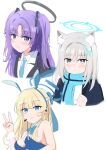  3girls absurdres animal_ear_fluff animal_ears blonde_hair blue_archive blue_bow blue_bowtie blue_eyes blue_hair blue_hairband blue_jacket blue_necktie blue_scarf blush bow bowtie braid breasts catch_(catch9030) closed_mouth collared_shirt commentary cropped_torso cross cross_hair_ornament detached_collar earpiece earrings grey_hair hair_between_eyes hair_ornament hairband halo highres inverted_cross jacket jewelry large_breasts leotard long_hair looking_at_viewer multicolored_hair multiple_girls necktie official_alternate_costume open_clothes open_jacket parted_bangs parted_lips pout purple_hair rabbit_ears scarf shiroko_(blue_archive) shirt simple_background strapless strapless_leotard streaked_hair stud_earrings toki_(blue_archive) toki_(bunny)_(blue_archive) two_side_up upper_body v white_background white_shirt white_wrist_cuffs wolf_ears wolf_girl yuuka_(blue_archive) 