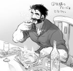  1boy bara beard blush bottle collared_shirt cup drinking_glass eating facial_hair food from_side graves_(league_of_legends) greyscale hair_slicked_back karipaku large_pectorals league_of_legends male_focus mature_male monochrome muscular muscular_male mustache on_chair pectorals shirt short_hair solo steam thick_eyebrows upper_body wine_bottle wine_glass 