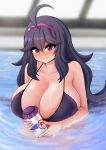  1girl @_@ absurdres ahoge bikini blush bottle breasts hex_maniac_(pokemon) highres huge_breasts long_hair milk_bottle pokemon pokemon_(game) pokemon_xy pool poolside purple_bikini purple_eyes rei_no_pool swimsuit the_only_shoe upper_body water 