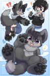  3_toes 4_fingers 4_toes anthro black_clothing black_hair black_hoodie black_nose black_pawpads black_topwear blush bottomwear canid canine canis claws clothed clothing denim denim_clothing digital_media_(artwork) feet fingers fur gesture grey_body grey_fur hair hi_res highlights_(coloring) hoodie human jeans koto0v0haru looking_at_viewer looking_back looking_down male mammal multicolored_body nude open_mouth pants pawpads paws purple_eyes purple_highlights simple_background smile smiling_at_viewer solo species_transformation speech_bubble spread_legs spreading standing tail toes tongue topwear transformation two_tone_body waving waving_at_viewer wolf 