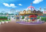  amusement_park banner blue_sky booths brick_floor building bush carousel chisagogo2 cloud cloudy_sky day ferris_wheel flag flower grass hedge lamppost original plant roller_coaster scenery sign sky tree wooden_bench 