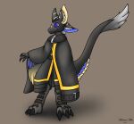  4_ears anthro avali blue_body blue_feathers claws clothing coat feathers fur grey_body grey_fur hi_res hunamarts male multi_ear purple_eyes solo tail topwear yellow_body yellow_feathers 