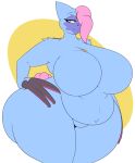  2022 anthro belly big_belly big_breasts blue_body blue_fur breasts claws dewwydarts featureless_breasts featureless_crotch female fur generation_8_pokemon hair hair_over_eye hand_on_hip hi_res huge_breasts huge_thighs hyper_hips looking_at_viewer multicolored_body multicolored_fur nintendo nude obese obese_anthro obese_female one_eye_obstructed overweight overweight_anthro overweight_female pink_hair pokemon pokemon_(species) purple_body purple_fur simple_background smile sneasler solo standing thick_thighs two_tone_body two_tone_fur 