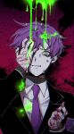  1boy 3cnfw black_sweater blood clenched_teeth collared_shirt crying enkephalin_(project_moon) hand_up hands_up highres lobotomy_corporation looking_at_viewer male_focus necktie project_moon purple_hair purple_necktie scar scar_on_hand shirt solo sweater sweater_under_shirt teeth upper_body white_shirt yellow_eyes yesod_(project_moon) 