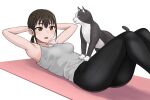  1girl animal_ears blush breasts brown_eyes brown_hair cat cat_ears cat_tail commentary_request embarrassed hashi long_bangs lying medium_breasts on_back open_mouth original pants ponytail tail tank_top white_background yoga_mat yoga_pants 