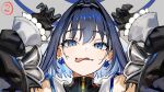  1girl blue_eyes blue_hair breasts chain_headband earrings fangs hair_intakes hololive hololive_english jewelry long_hair looking_at_viewer mixed-language_commentary open_mouth ouro_kronii ribbon_earrings short_hair smile solo tongue tongue_out virtual_youtuber wada_arco 