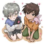  2boys absurdres aged_down black_cat brown_eyes brown_hair cardcaptor_sakura cat closed_mouth glasses grey_hair highres holding kinomoto_touya long_sleeves looking_at_viewer male_focus multiple_boys naijarski orange_eyes parted_lips paw_print shirt short_sleeves shorts sitting spiked_hair stuffed_animal stuffed_rabbit stuffed_toy sweater_vest tsukishiro_yukito white_background 