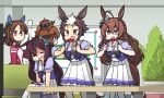  5girls :d =_= ahoge animal_ears aston_machan_(umamusume) bow bowtie brown_eyes brown_hair controller crown ear_bow ear_covers game_controller green_bow grey_eyes hair_between_eyes hair_bow hamu_koutarou highres holding holding_controller holding_game_controller horse_ears horse_girl horse_tail horseshoe_ornament jacket king_halo_(umamusume) long_hair mejiro_bright_(umamusume) mejiro_dober_(umamusume) mejiro_ryan_(umamusume) mini_crown multicolored_hair multiple_girls puffy_short_sleeves puffy_sleeves purple_bow purple_bowtie purple_serafuku purple_shirt red_jacket red_track_suit sailor_collar sailor_shirt school_uniform serafuku shaded_face shirt short_hair short_sleeves smile striped striped_bow tail thighhighs tracen_school_uniform tracen_training_uniform track_jacket two-tone_hair umamusume wavy_hair white_bow white_hair white_thighhighs white_towel 