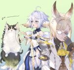  1boy 1girl :o adjusting_eyewear afterimage ahoge animal_ears ascot asymmetrical_bangs asymmetrical_eyewear black_shirt blonde_hair blue_background blue_eyes blunt_ends braid brown_vest cat center_frills closed_mouth collared_shirt detached_sleeves dress erune ewiyar_(granblue_fantasy) feet_out_of_frame fingerless_gloves flower-shaped_pupils frills glasses gloves gradient_background granblue_fantasy green_background grey_gloves hair_between_eyes harvin heterochromatic_eyewear highres holding_another&#039;s_hair jacket long_hair lu_woh_(granblue_fantasy) opaque_glasses playing_with_hair shiromimin shirt short_dress short_hair side_slit single_braid sleeveless sleeveless_dress symbol-shaped_pupils thighhighs upper_body very_long_hair vest wamdus_(granblue_fantasy) white_dress white_hair white_jacket white_thighhighs yellow_ascot 