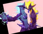  2019 5:4 amped_toxtricity anthro back_spikes cherry colored_sketch duo electricity electricity_manipulation elemental_manipulation featureless_crotch food fruit generation_8_pokemon glowing_mane hi_res horn letterbox long_neck looking_at_viewer low_key_toxtricity male mane nintendo nude open_mouth outstretched_arm pink_background plant pokemon pokemon_(species) portrait pose purple_tongue scalie simple_background sketch spikes spikes_(anatomy) standing three-quarter_portrait tongue tongue_out toxtricity vu06 waist_spike wrist_spikes 