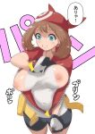  1girl alternate_breast_size bandana bike_shorts black_gloves blue_eyes breast_slip breasts brown_hair cameltoe commentary_request covered_navel fanny_pack gloves highres jacket large_breasts looking_down makoto_daikichi may_(pokemon) medium_hair nipples pokemon pokemon_(game) pokemon_rse popped_zipper red_bandana red_jacket shirt short_sleeves solo sound_effects speech_bubble standing surprised teeth tight_clothes tight_shirt unzipping wardrobe_malfunction white_background white_gloves white_shirt yellow_bag zipper 