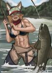  2023 abs absurd_res animal_humanoid athletic athletic_female baseball_cap bikini bikini_top breasts canid canid_humanoid canine canine_humanoid clothing ezzyecchi female feral fish fishing fishing_rod hat headgear headwear hi_res humanoid mammal mammal_humanoid marine meme scar swimwear women_want_me_fish_fear_me 