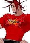  1boy bara brown_hair buster_shirt covered_abs cowboy_shot fate/grand_order fate_(series) frown hair_over_one_eye highres large_pectorals long_hair looking_at_viewer male_focus midriff_peek muscular muscular_male pectorals shiba_ten shirt solo spiked_hair tanaka_shinbei_(fate) thick_eyebrows tight tight_shirt 