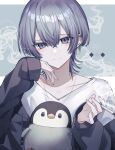  1boy absurdres baby_penguin bird bishounen cigarette collarbone commentary cowlick cross daifuku_mame_(kageroudt33) diamond_(shape) earrings emperor_penguin grey_background grey_eyes grey_hair grey_jacket hair_between_eyes hand_on_own_cheek hand_on_own_face head_tilt highres holding holding_cigarette jacket jewelry light_smile long_sleeves looking_at_viewer necklace off_shoulder original penguin shirt short_hair simple_background smoke solo straight-on symbol-only_commentary t-shirt upper_body white_background white_shirt 