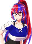  1girl absurdres alear_(female)_(fire_emblem) alear_(fire_emblem) blue_eyes blue_hair crossed_bangs fire_emblem fire_emblem_engage glasses hair_between_eyes heterochromia highres long_hair looking_at_viewer multicolored_hair official_alternate_hairstyle ponytail red_eyes red_hair solo split-color_hair to_(tototo_tk) training_outfit_(fire_emblem_engage) two-tone_hair white_background 