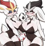  2023 anthro big_breasts blush breasts bunny_costume cinderace cleavage clothed clothing cooliehigh costume duo eyelashes eyeliner female frown fur generation_8_pokemon glistening glistening_breasts hi_res huge_breasts legwear makeup navel_outline nintendo nipple_outline one_eye_closed open_mouth pokemon pokemon_(species) simple_background smile white_background white_body white_fur 