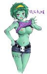  1girl belt black_belt blue_shorts blush breasts character_request clothes_lift colored_skin copyright_request earrings gang green_hair green_skin hamao jewelry large_breasts looking_at_viewer nipples open_mouth red_eyes rottytops shantae_(series) shirt_lift short_hair shorts simple_background skull skull_belt skull_earrings solo tank_top white_background white_tank_top 