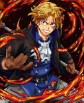  1boy absurdres ascot black_jacket blonde_hair blue_eyes blue_shirt brown_gloves english_commentary fire gloves grey_ascot highres holding holding_weapon jacket kerana_art lead_pipe male_focus one_piece sabo_(one_piece) scar scar_across_eye scar_on_face shirt short_hair smile solo teeth v-shaped_eyebrows weapon 