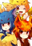  3girls :o ;d animal_hands animal_hat arm_up bare_shoulders bell blonde_hair blue_hair blue_headwear cat_o&#039;_nine_tails_(ragnarok_online) claws closed_mouth criss-cross_halter eyes_visible_through_hair fang fire firefox_(ragnarok_online) fox fox_girl fox_hat halterneck hand_up hands_up hat jingle_bell kazuneko_(pixiv11958023) kitsune looking_at_viewer moonlight_flower multiple_girls neck_bell nine_tail_(ragnarok_online) one_eye_closed open_mouth orange_eyes piercing ragnarok_online red_hair red_headwear short_hair smile traditional_youkai yellow_headwear 
