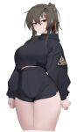  1girl 1st_cavalry_division 1st_infantry_division_(us_army) absurdres black_hoodie black_shirt black_shorts breasts brown_hair closed_mouth corrupted_twitter_file cropped_jacket cropped_legs grey_eyes hair_between_eyes hair_ornament hair_ribbon hairclip highres hood hood_down hoodie karinn_(ka941) large_breasts long_sleeves looking_to_the_side medium_hair midriff nine_(kanine41) original patch ponytail red_ribbon ribbon shirt shorts sidelocks simple_background solo undershirt upper_body white_background 