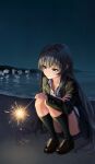  1girl absurdres beach black_socks blue_eyes closed_mouth collarbone fireworks hand_on_own_arm highres holding_fireworks jacket light_smile loafers long_hair long_sleeves mountainous_horizon night ocean original outdoors senkou_hanabi shirt shirt_under_shirt shoes socks solo sparkler squatting wellsy white_shirt 