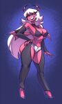  bigdad breasts butt cleavage clothed clothing demon demon_humanoid female footwear hair helluva_boss high_heels horn humanoid imp looking_at_viewer midriff navel pink_body smile solo verosika_mayday_(helluva_boss) white_hair 