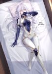  1girl 86_-eightysix- absurdres bed bed_sheet blue_eyes blue_gloves blush breasts commission english_text fingerless_gloves gloves grey_hair head_on_pillow highres large_breasts long_hair official_alternate_costume on_bed pillow pilot_suit pixiv_commission solo speech_bubble suprii vladilena_millize white_hair 