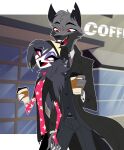  2023 age_difference akuma_nemui anthro arturo_wolff avian beverage bird boyfriends canid canid_demon canine canis choker clothed clothing coffee coffee_cup container cup date demon detailed duo eye_contact female flat_chested formal_clothing formal_wear fur grey_body grey_fur hair hand_holding hellhound helluva_boss hi_res holding_container holding_object jewelry long_hair looking_at_another male male/female mammal multicolored_body multicolored_fur necklace octavia_(helluva_boss) older_male open_mouth open_smile owl owl_demon pink_clothing red_eyes red_sclera relationship short_hair size_difference smile walking white_face wolf younger_female 