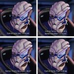  &lt;3 alien armor blue_eyes bodily_fluids bodypaint champagnepain dialogue english_text eyes_closed face_paint facial_scar garrus_vakarian hi_res humanoid looking_aside male mass_effect multiple_images open_mouth scar solo sweat teeth text turian visor 