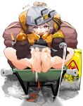  1girl absurdres animal arknights arms_behind_head barefoot bound bound_wrists brown_hair cement_(arknights) crossed_legs feet grey_skirt hardhat helmet highres hose jacket legs lying menthako mole_(animal) multicolored_hair on_back open_mouth pink_hair short_hair skirt soles solo tearing_up toes two-tone_hair yellow_eyes yellow_jacket 
