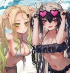  2girls ahoge beach bikini black_bikini black_hair black_nails blonde_hair blue_sky blush breasts cleavage closed_mouth cloud collarbone commentary_request day eyewear_on_head frilled_bikini frills gradient_hair green_eyes green_hair hair_between_eyes hair_ornament hairclip hands_in_hair heart heart-shaped_eyewear highres horizon iruka_blue_(torriet) long_hair looking_at_viewer medium_breasts mole mole_on_breast multicolored_hair multiple_girls nail_polish navel ocean open_mouth original outdoors parted_hair pink-tinted_eyewear priite_hari_(torriet) purple_eyes sand sideboob sky smile sparkle standing sunglasses swimsuit thick_eyelashes tinted_eyewear torriet twintails upper_body very_long_hair water white_bikini 