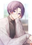  1boy black_shirt blue_lock cardigan closed_mouth cup glasses grey_cardigan guribato highres jewelry long_sleeves looking_at_viewer male_focus mikage_reo necklace purple_eyes purple_hair round_eyewear shirt short_eyebrows short_hair sleeves_past_wrists smile solo table upper_body 