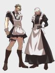  2boys achilles_(fate) alternate_costume apron black_dress black_gloves boots bow brown_footwear cross-laced_footwear crossdressing dress enmaided fate/grand_order fate_(series) full_body gloves grey_background grey_hair hair_between_eyes haruakira highres juliet_sleeves lace-up_boots long_dress long_sleeves maid maid_headdress male_focus multicolored_hair multiple_boys muscular muscular_male odysseus_(fate) puffy_sleeves short_dress short_hair short_sleeves smile streaked_hair undercut white_apron white_bow wrist_cuffs yellow_eyes 