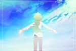  1boy cloud commentary_request day framed from_behind green_hair long_hair male_focus n_(pokemon) outdoors outstretched_arms pants pokemon pokemon_(game) pokemon_bw ponytail shirt sky sleeves_past_elbows solo translation_request twitter_username undershirt wafu_pkmn watermark white_shirt 